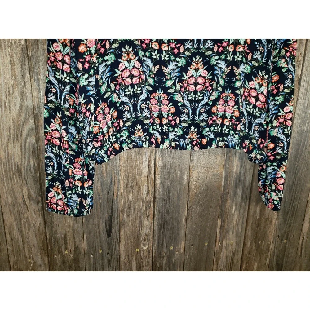 NEW Loft‎ L Navy Blue Floral V Back Puff Sleeve Top Cottage Boho Bloom Romantic
